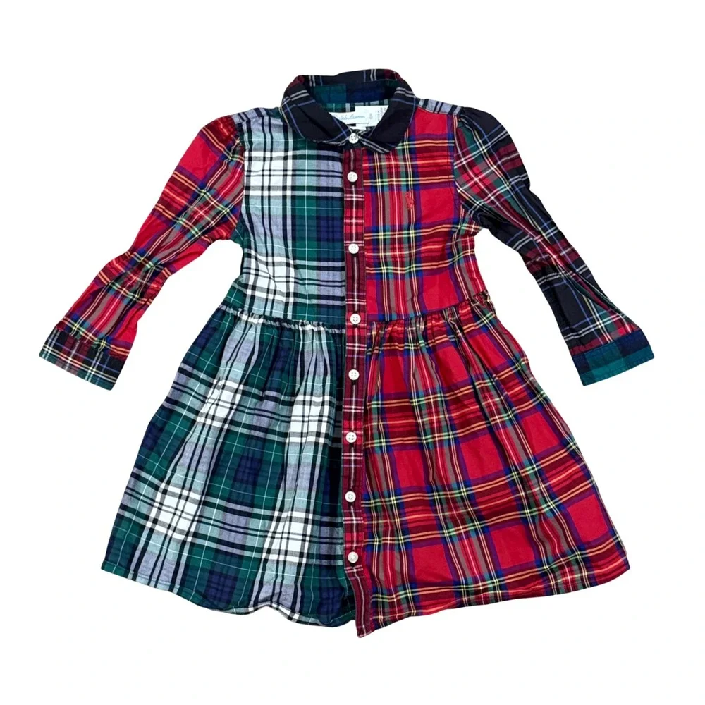 Ralph Lauren Polo Girls Multi Color Patchwork Plaid Dress Peter Pan Collar 18M